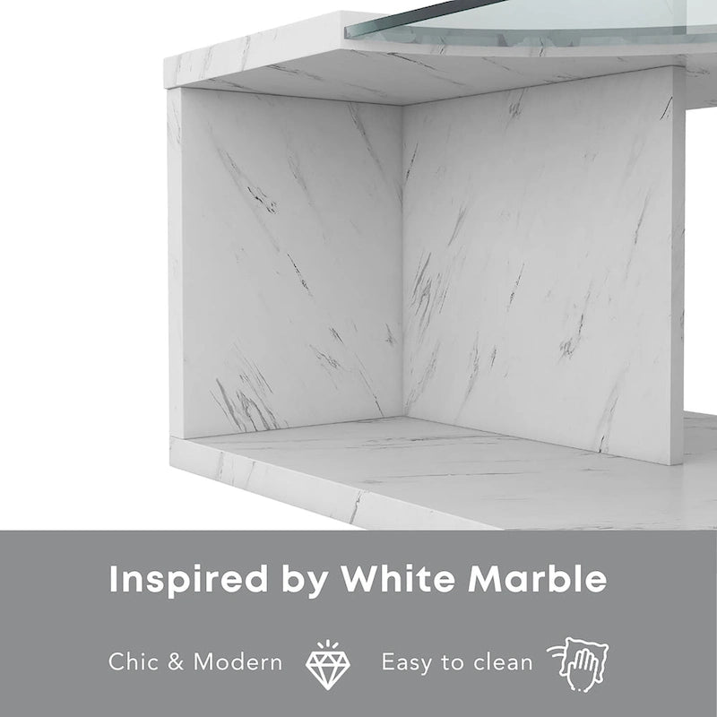 Faux Marble Coffee Table with LED Lighting Option and Open Shelf