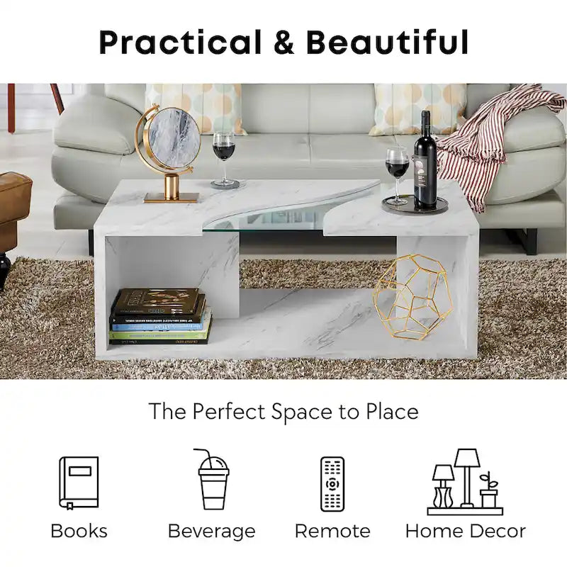 Faux Marble Coffee Table with LED Lighting Option and Open Shelf