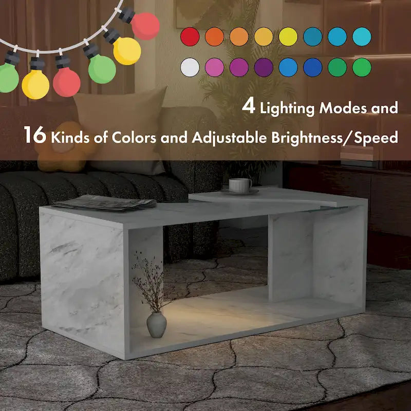 Faux Marble Coffee Table with LED Lighting Option and Open Shelf