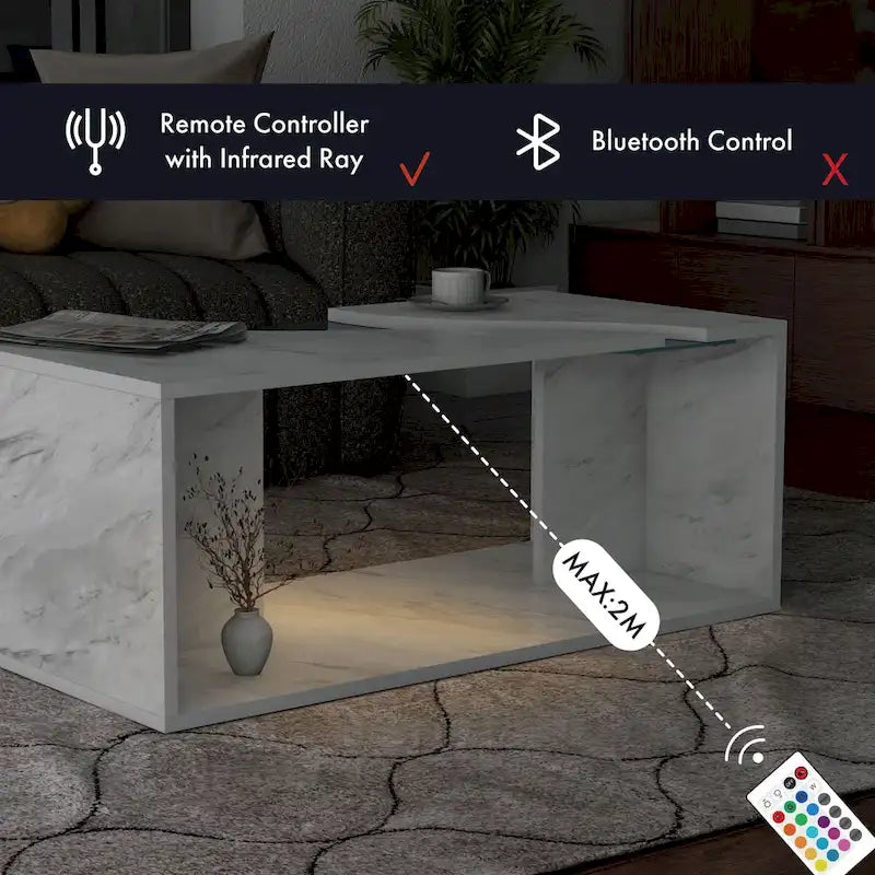 Faux Marble Coffee Table with LED Lighting Option and Open Shelf
