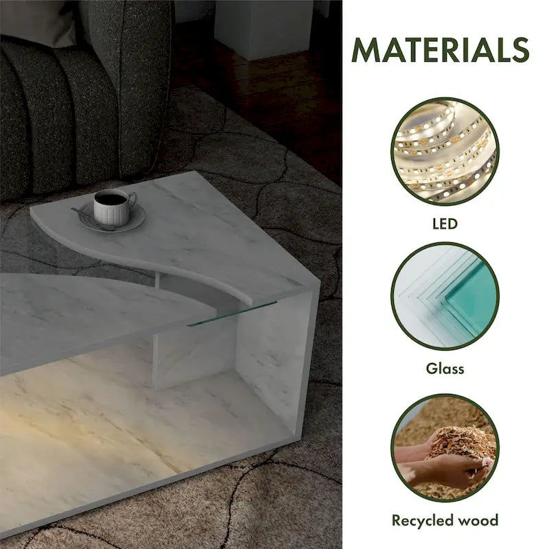 Faux Marble Coffee Table with LED Lighting Option and Open Shelf