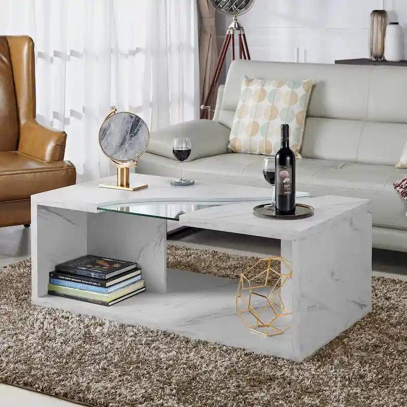 Faux Marble Coffee Table with LED Lighting Option and Open Shelf