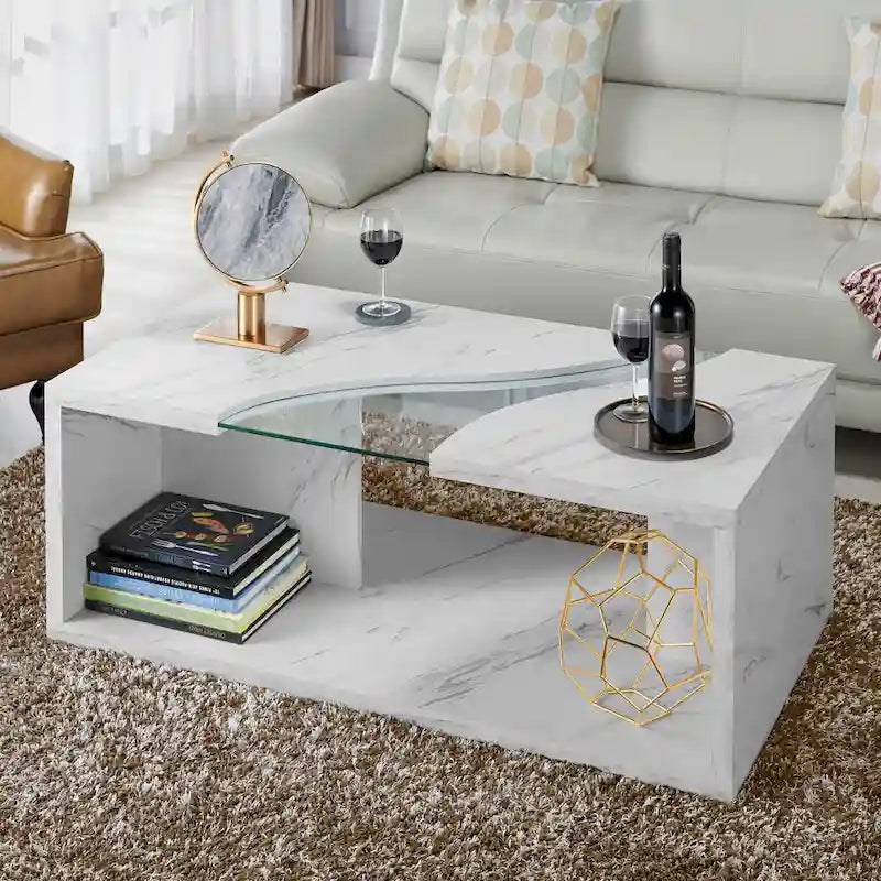 Faux Marble Coffee Table with LED Lighting Option and Open Shelf