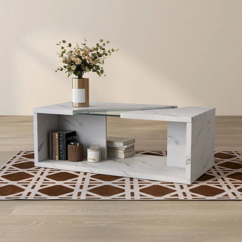 Faux Marble Coffee Table with LED Lighting Option and Open Shelf
