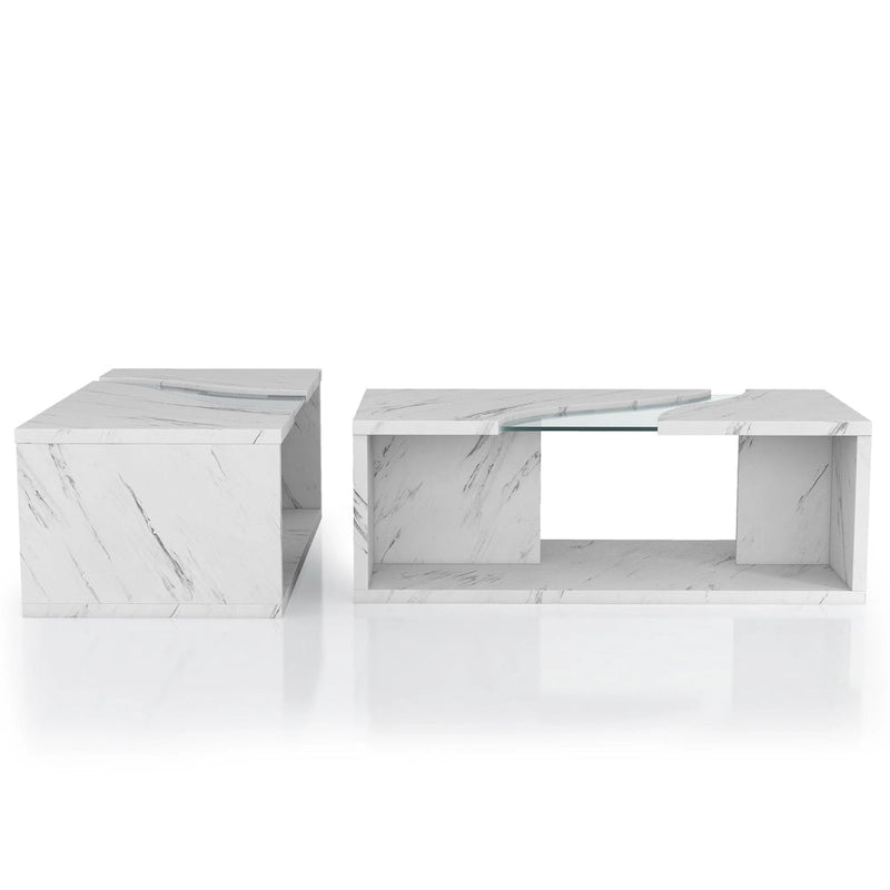 Faux Marble Coffee Table with LED Lighting Option and Open Shelf