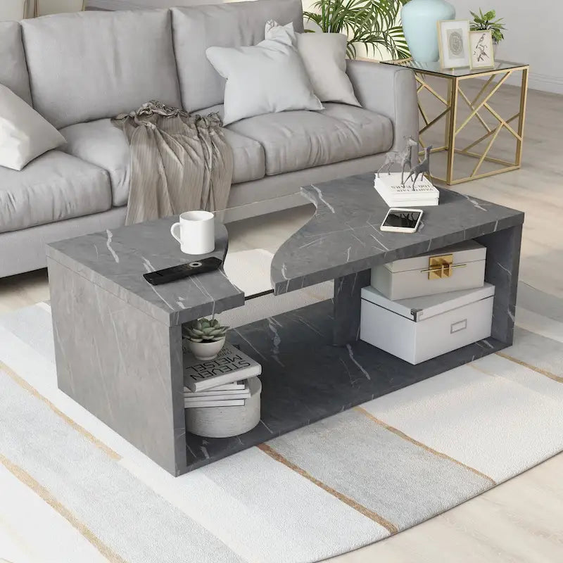 Faux Marble Coffee Table with LED Lighting Option and Open Shelf
