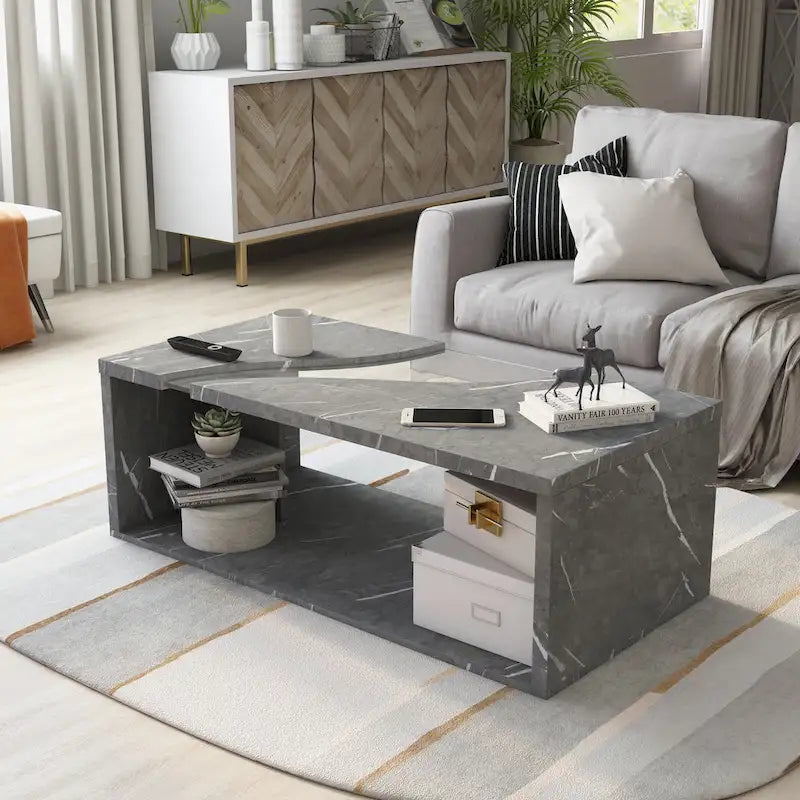 Faux Marble Coffee Table with LED Lighting Option and Open Shelf
