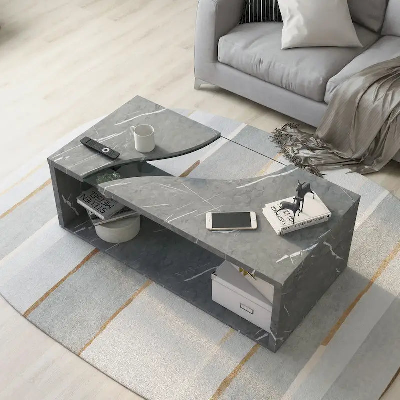 Faux Marble Coffee Table with LED Lighting Option and Open Shelf