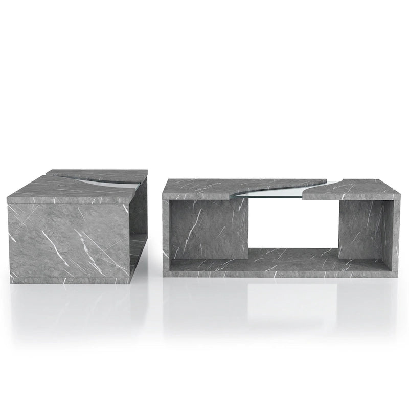 Faux Marble Coffee Table with LED Lighting Option and Open Shelf