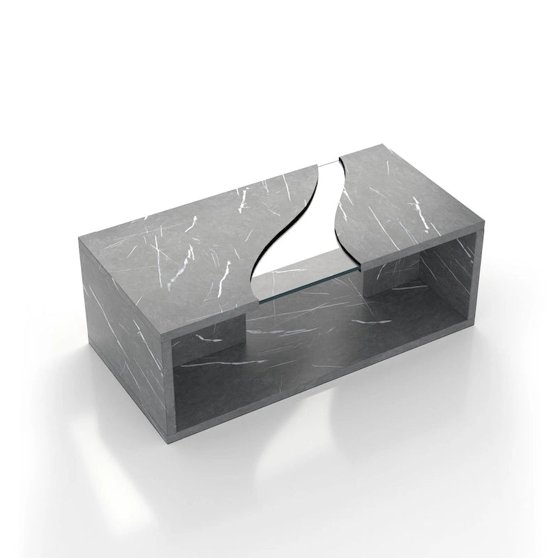 Faux Marble Coffee Table with LED Lighting Option and Open Shelf