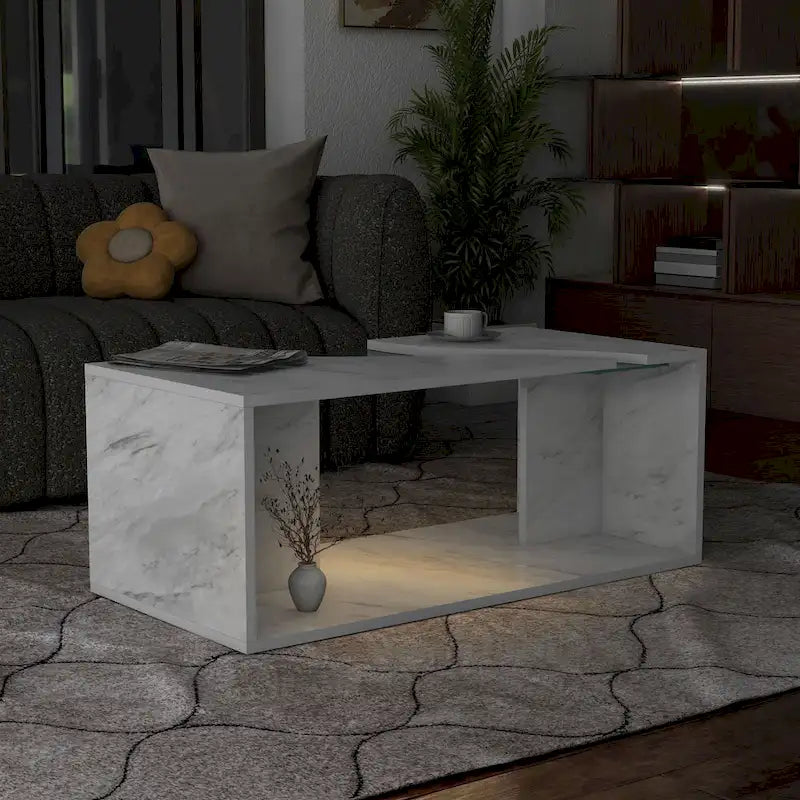 Faux Marble Coffee Table with LED Lighting Option and Open Shelf