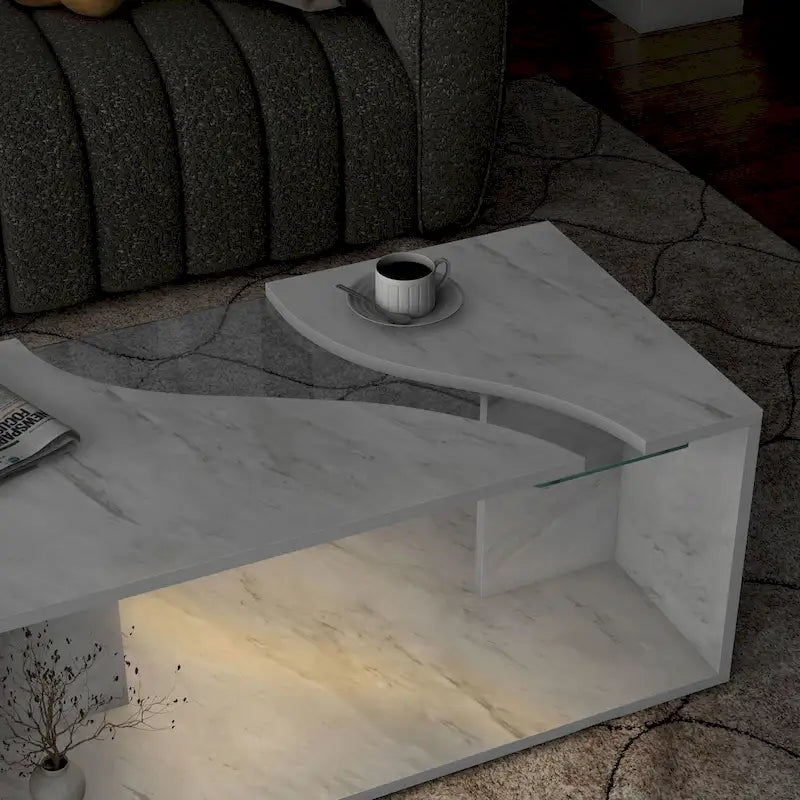 Faux Marble Coffee Table with LED Lighting Option and Open Shelf