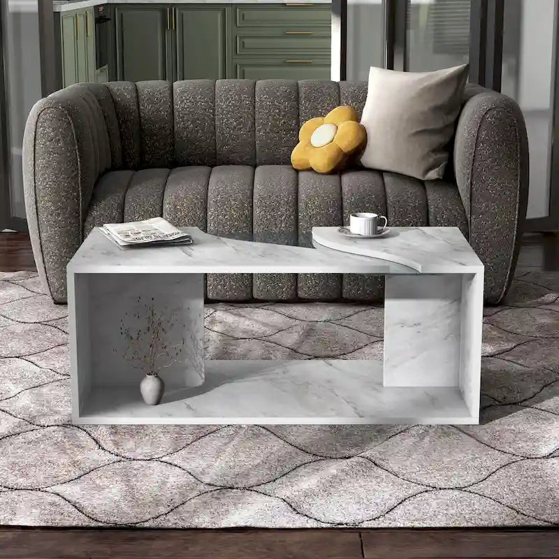 Faux Marble Coffee Table with LED Lighting Option and Open Shelf