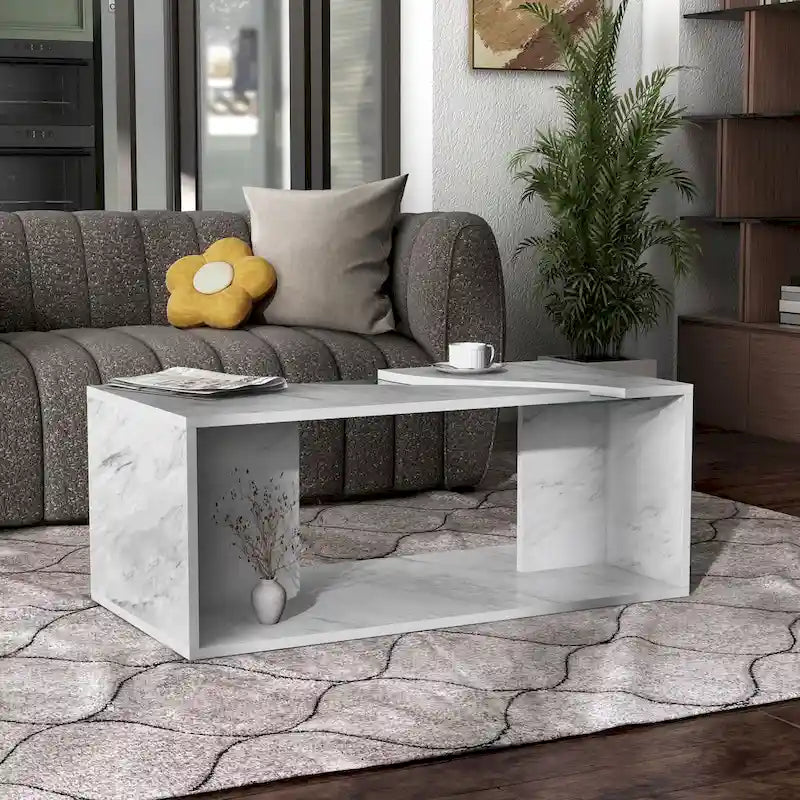 Faux Marble Coffee Table with LED Lighting Option and Open Shelf