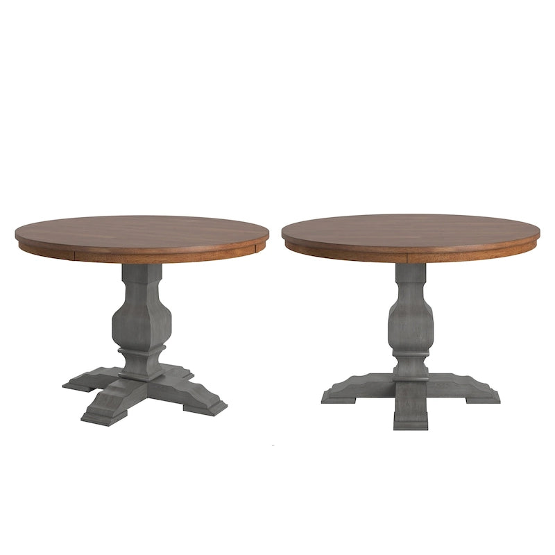 Two-Tone Round Rubberwood Dining Table with Distressed Pedestal Base