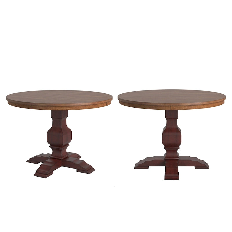 Two-Tone Round Rubberwood Dining Table with Distressed Pedestal Base
