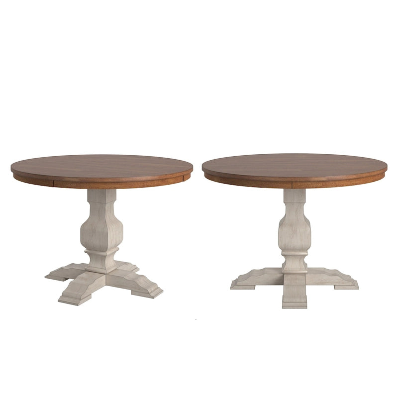 Two-Tone Round Rubberwood Dining Table with Distressed Pedestal Base