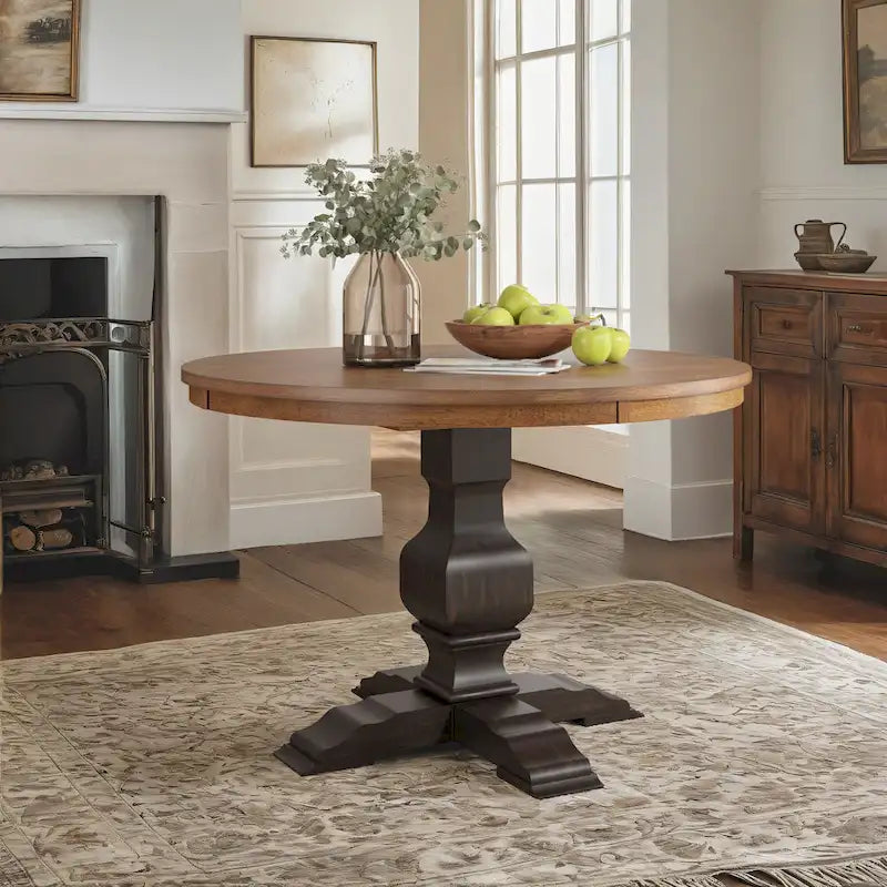 Two-Tone Round Rubberwood Dining Table with Distressed Pedestal Base