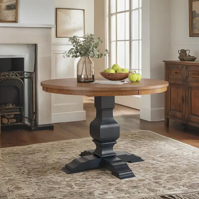 Two-Tone Round Rubberwood Dining Table with Distressed Pedestal Base