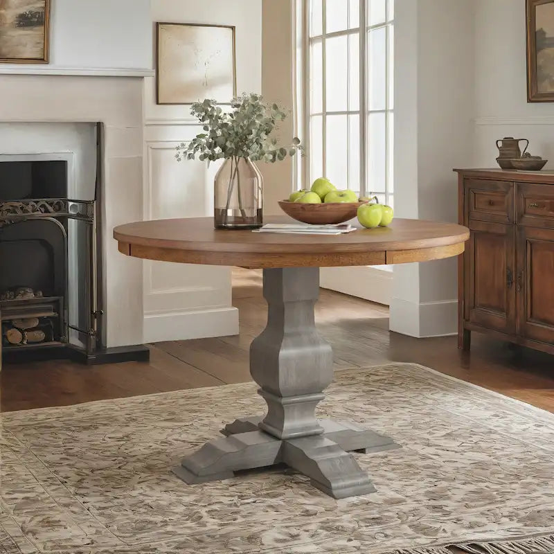 Two-Tone Round Rubberwood Dining Table with Distressed Pedestal Base