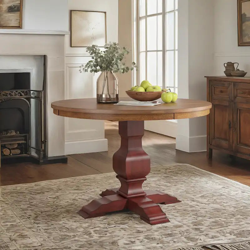 Two-Tone Round Rubberwood Dining Table with Distressed Pedestal Base