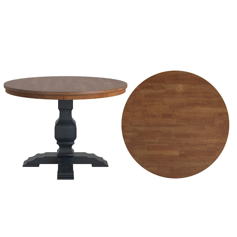 Two-Tone Round Rubberwood Dining Table with Distressed Pedestal Base