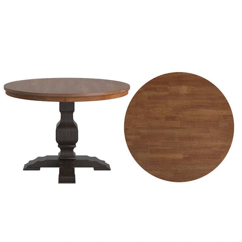 Two-Tone Round Rubberwood Dining Table with Distressed Pedestal Base
