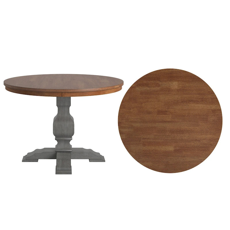 Two-Tone Round Rubberwood Dining Table with Distressed Pedestal Base