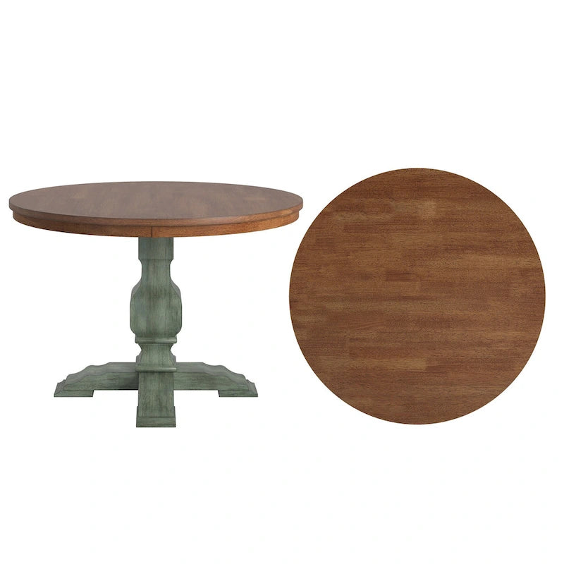 Two-Tone Round Rubberwood Dining Table with Distressed Pedestal Base