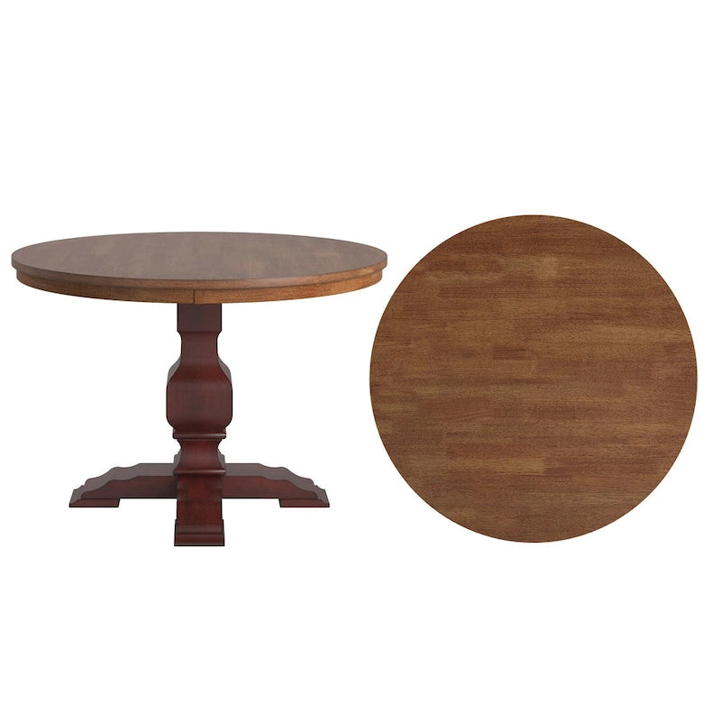 Two-Tone Round Rubberwood Dining Table with Distressed Pedestal Base