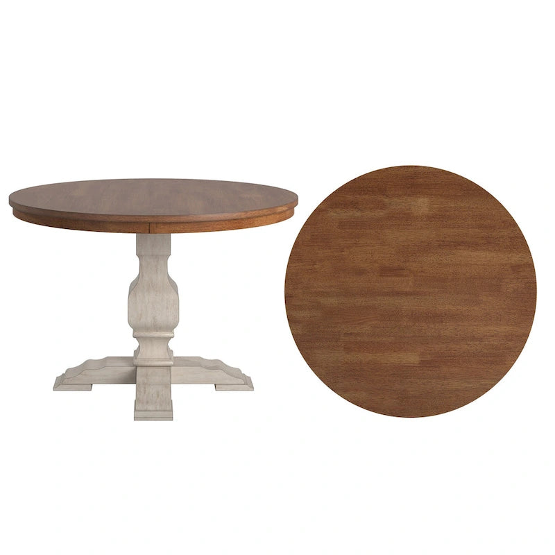 Two-Tone Round Rubberwood Dining Table with Distressed Pedestal Base