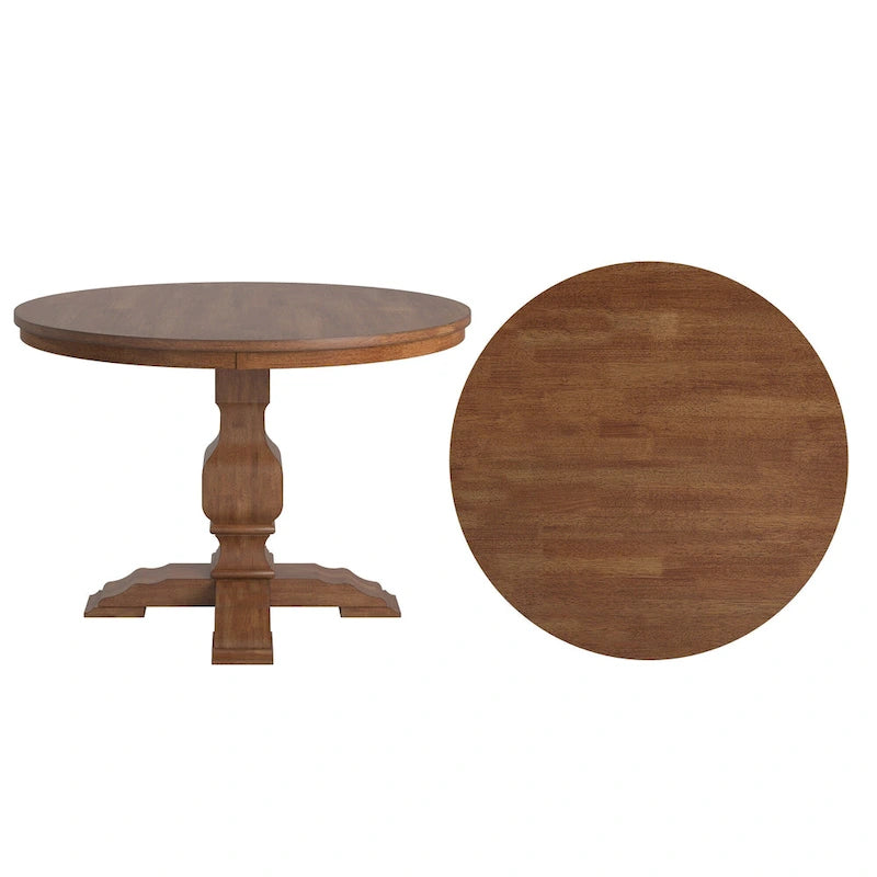 Two-Tone Round Rubberwood Dining Table with Distressed Pedestal Base