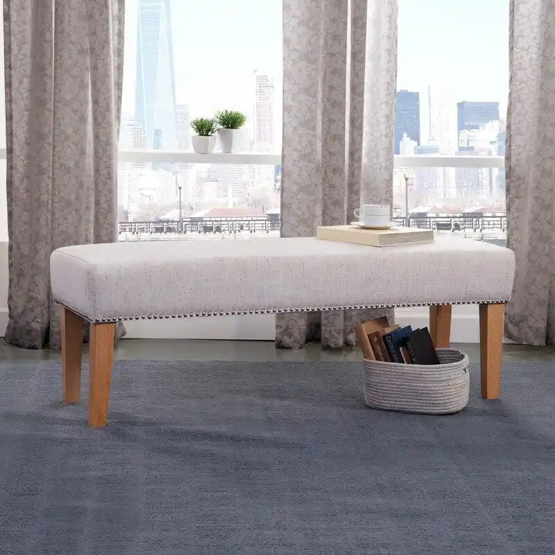 Upholstered Accent Bench with Silver Nailhead Trim and Tapered Legs