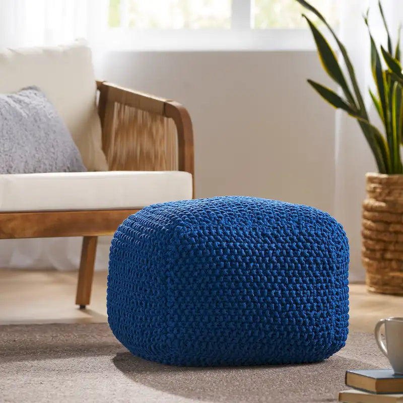 Handcrafted Knitted Cotton Square Pouf with Polystyrene Filling