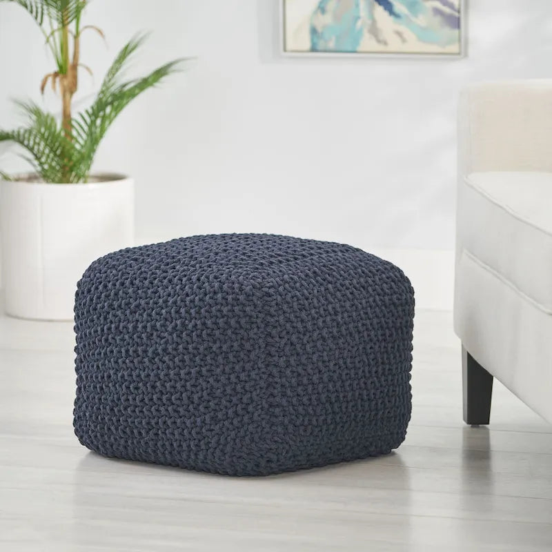 Handcrafted Knitted Cotton Square Pouf with Polystyrene Filling