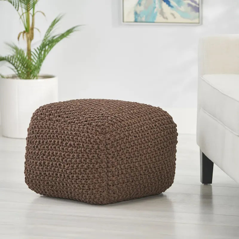 Handcrafted Knitted Cotton Square Pouf with Polystyrene Filling