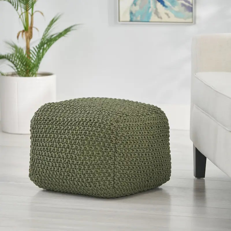 Handcrafted Knitted Cotton Square Pouf with Polystyrene Filling