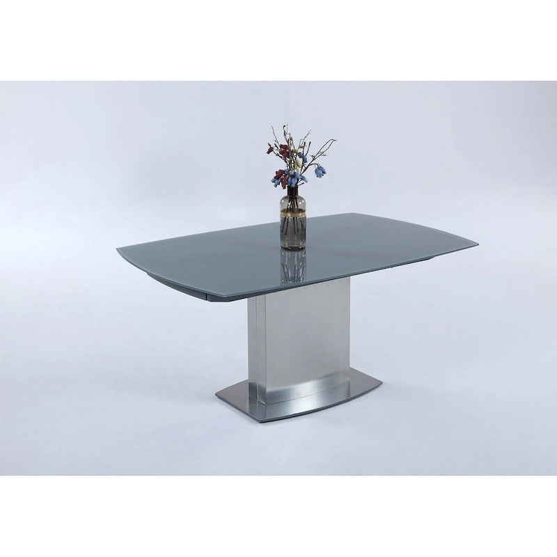 Gray Tempered Glass Extendable Dining Table with Brushed Silver Stainless Steel Pedestal Base