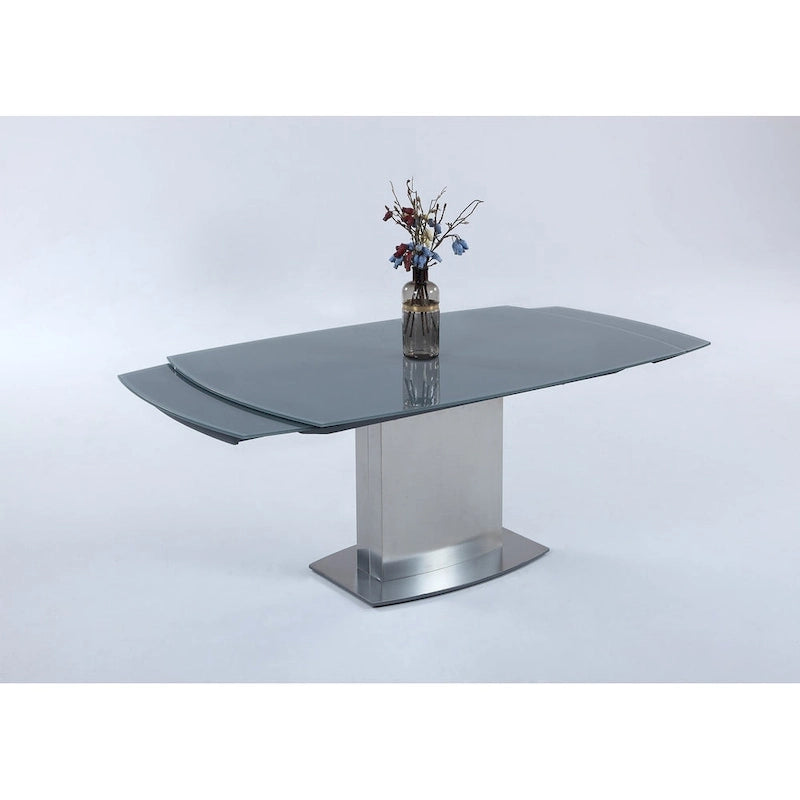 Gray Tempered Glass Extendable Dining Table with Brushed Silver Stainless Steel Pedestal Base