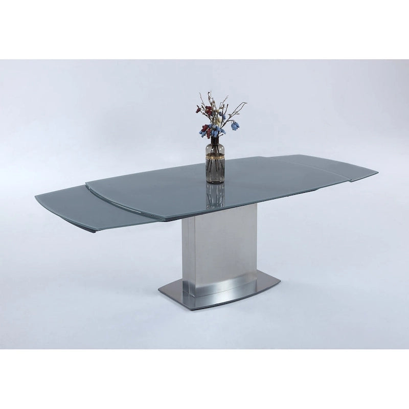 Gray Tempered Glass Extendable Dining Table with Brushed Silver Stainless Steel Pedestal Base