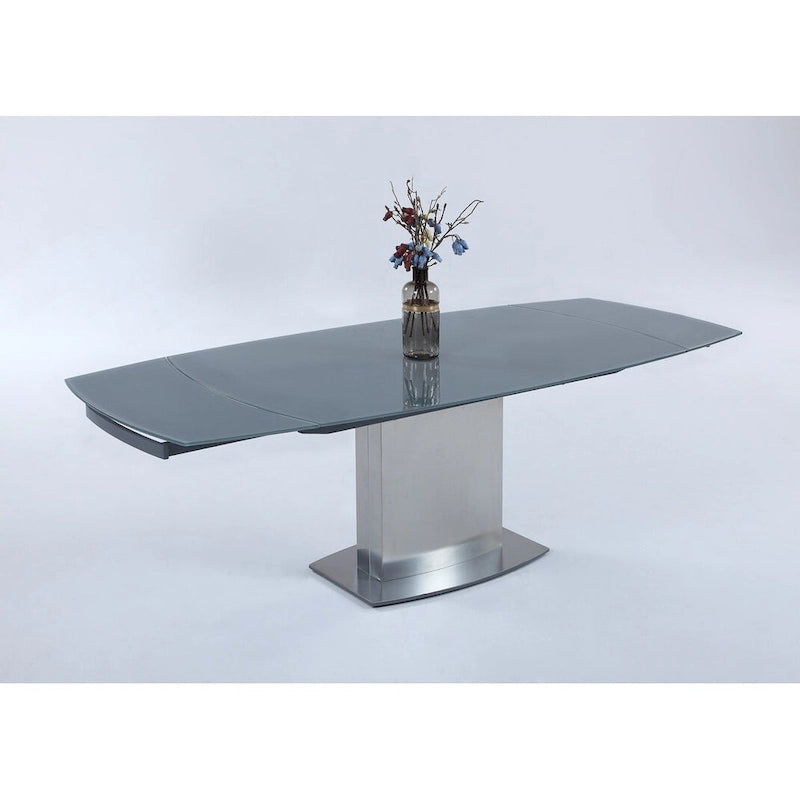 Gray Tempered Glass Extendable Dining Table with Brushed Silver Stainless Steel Pedestal Base