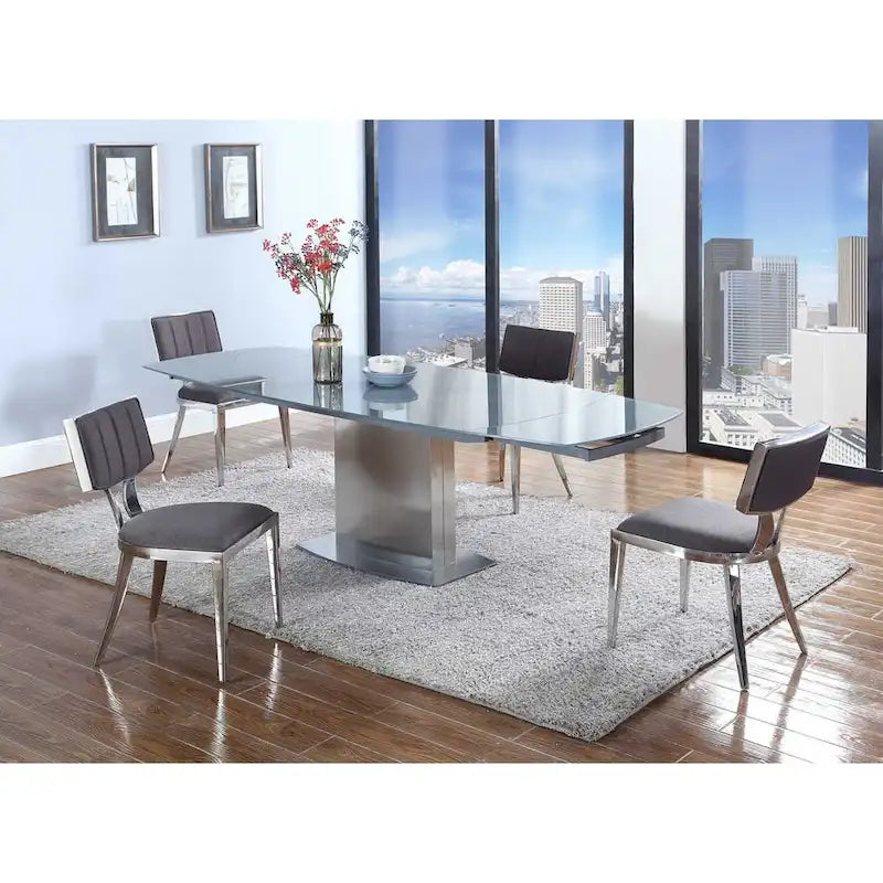 Gray Tempered Glass Extendable Dining Table with Brushed Silver Stainless Steel Pedestal Base