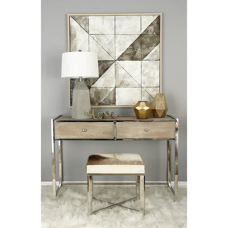 Gray Cowhide Leather Ottoman Stool with Silver X-Base Stainless Steel Frame