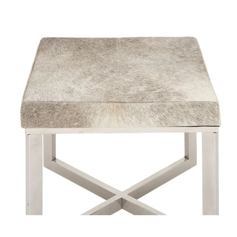 Gray Cowhide Leather Ottoman Stool with Silver X-Base Stainless Steel Frame