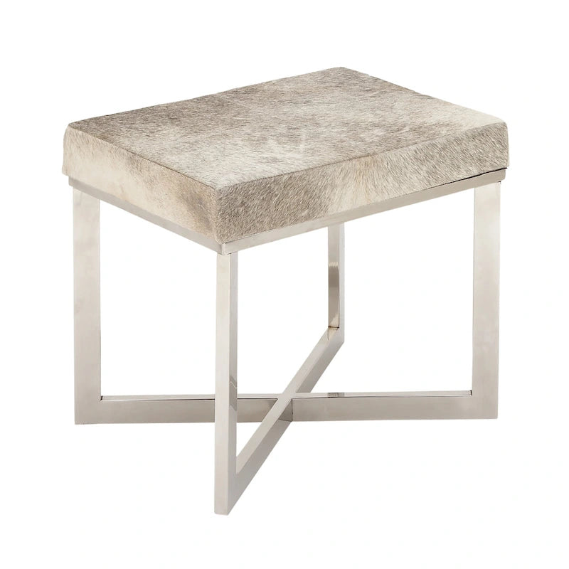 Gray Cowhide Leather Ottoman Stool with Silver X-Base Stainless Steel Frame