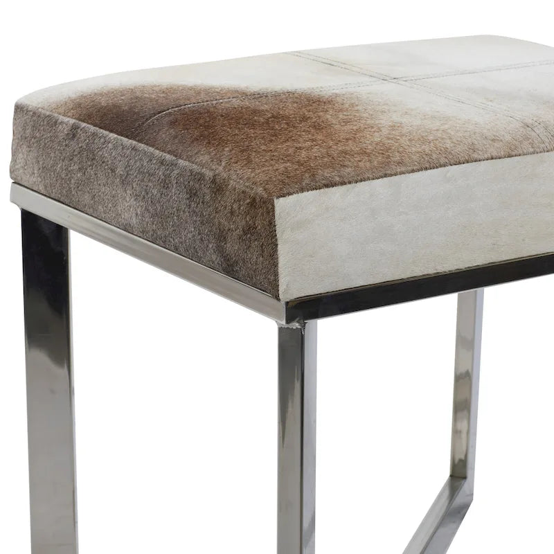 Gray Cowhide Leather Ottoman Stool with Silver X-Base Stainless Steel Frame