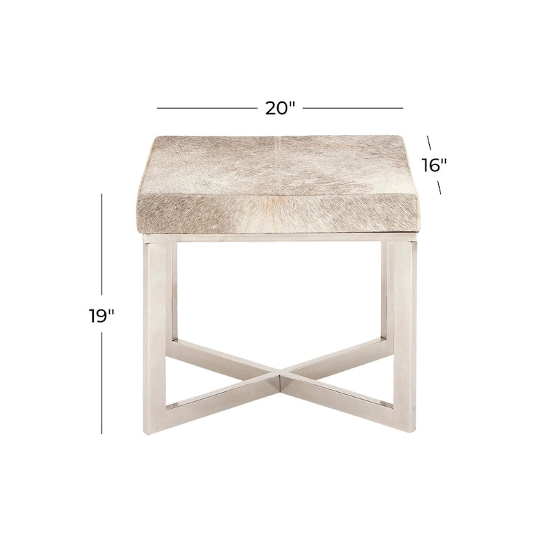 Gray Cowhide Leather Ottoman Stool with Silver X-Base Stainless Steel Frame