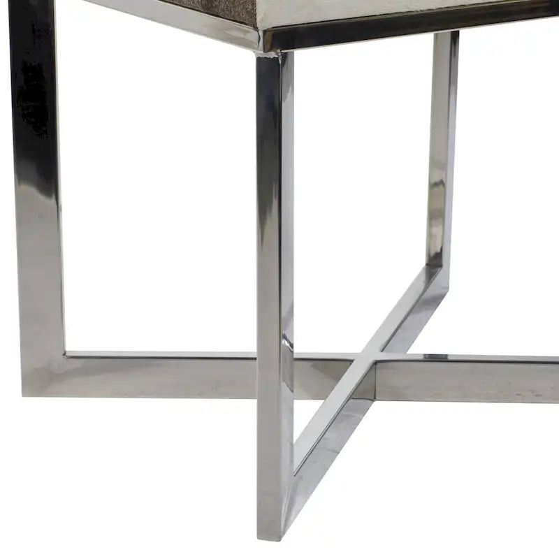 Gray Cowhide Leather Ottoman Stool with Silver X-Base Stainless Steel Frame