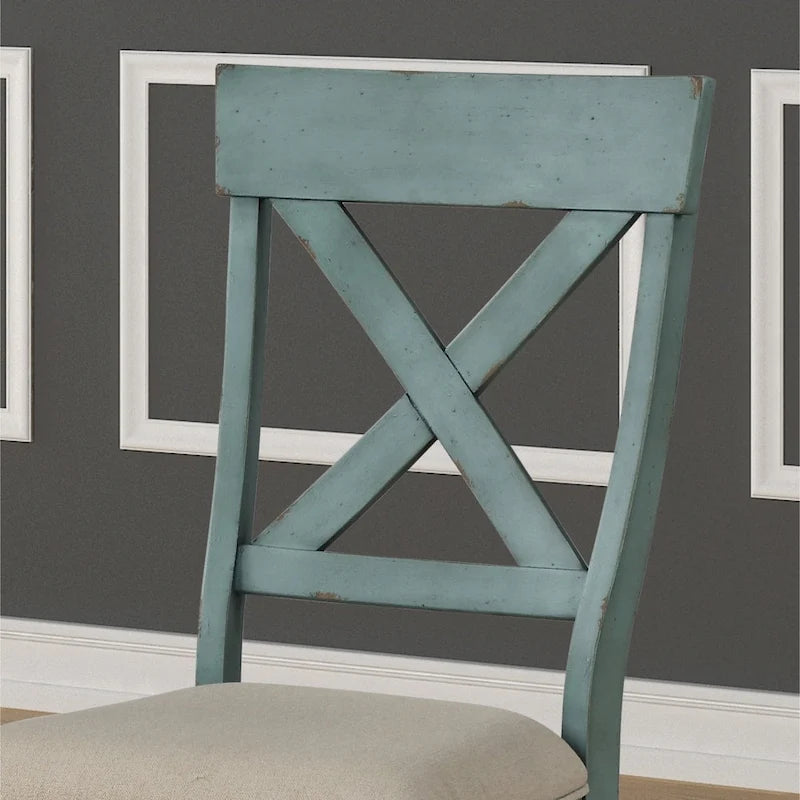 Two-Tone Wood Cross Back Upholstered Dining Chair Antique Blue Tan Fabric Seat