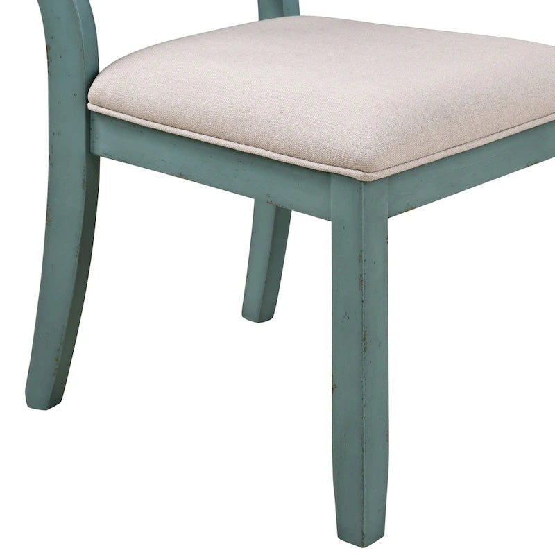 Two-Tone Wood Cross Back Upholstered Dining Chair Antique Blue Tan Fabric Seat